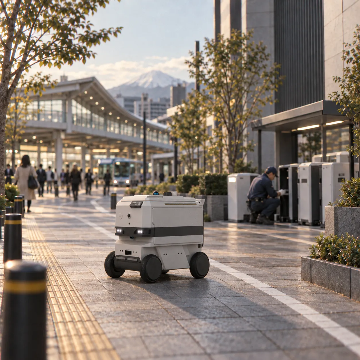 ZiBot delivery robot operating in a Japanese station plaza, with charging facilities, pedestrians, and a technician in a realistic golden-hour urban scene.