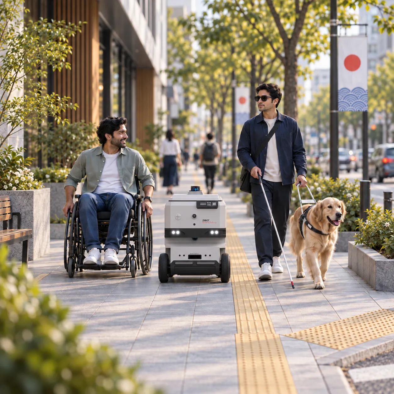 An autonomous delivery robot yields on a wide sidewalk while a wheelchair user and a visually impaired pedestrian pass safely.