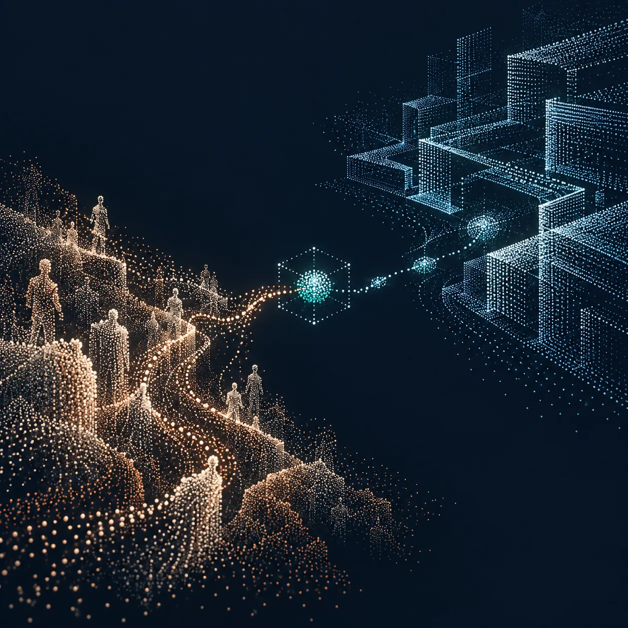 Abstract point-cloud artwork on a navy background, with warm orange human figures and winding paths connected to cool blue geometric structures through a central teal holding point, symbolising asynchronous handoffs between human and robotic worlds.