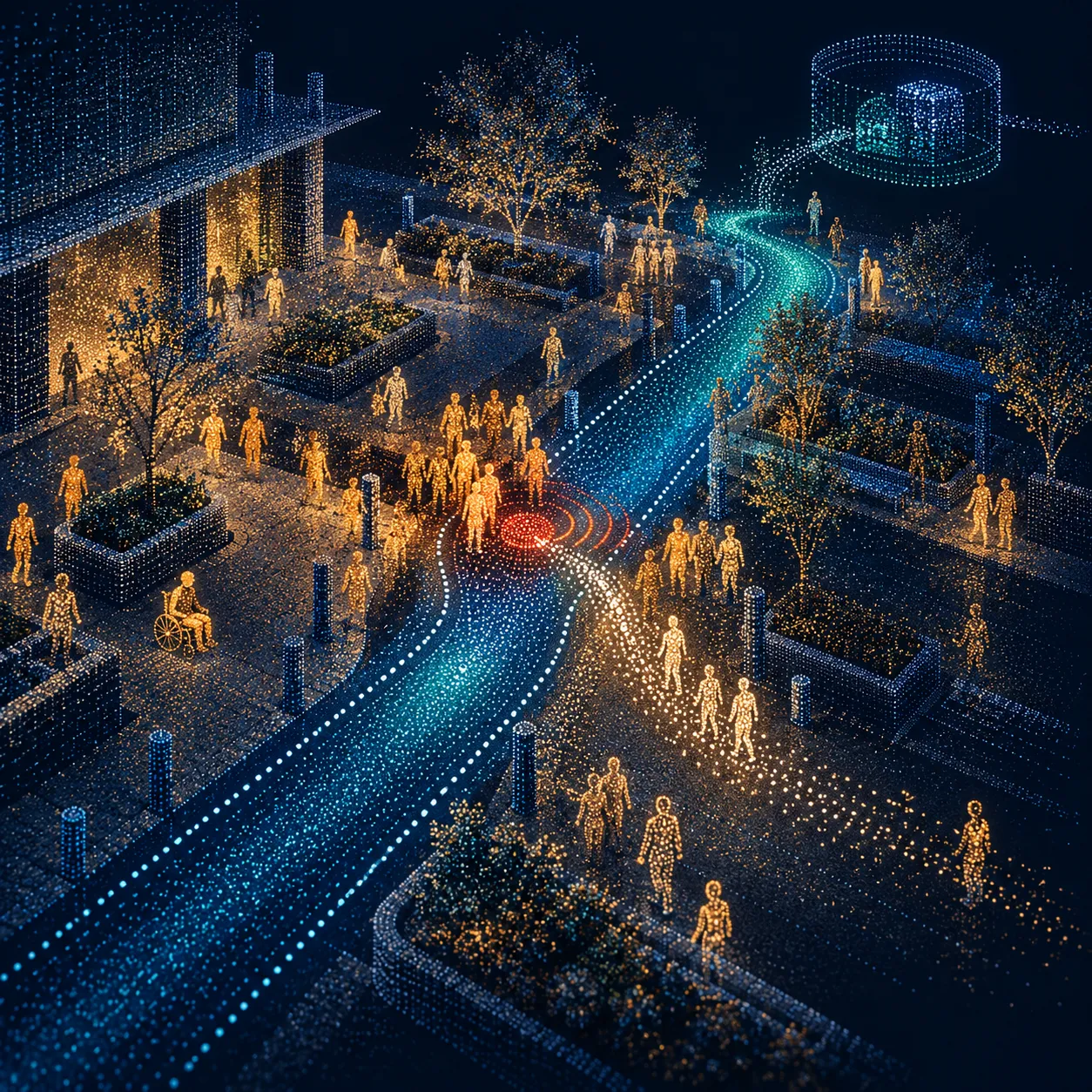 Point-cloud artwork on a navy background showing pedestrians and a wheelchair user around a blue route, a red emergency-stop point, a white response trail and a teal enclosure symbolising protected evidence storage.