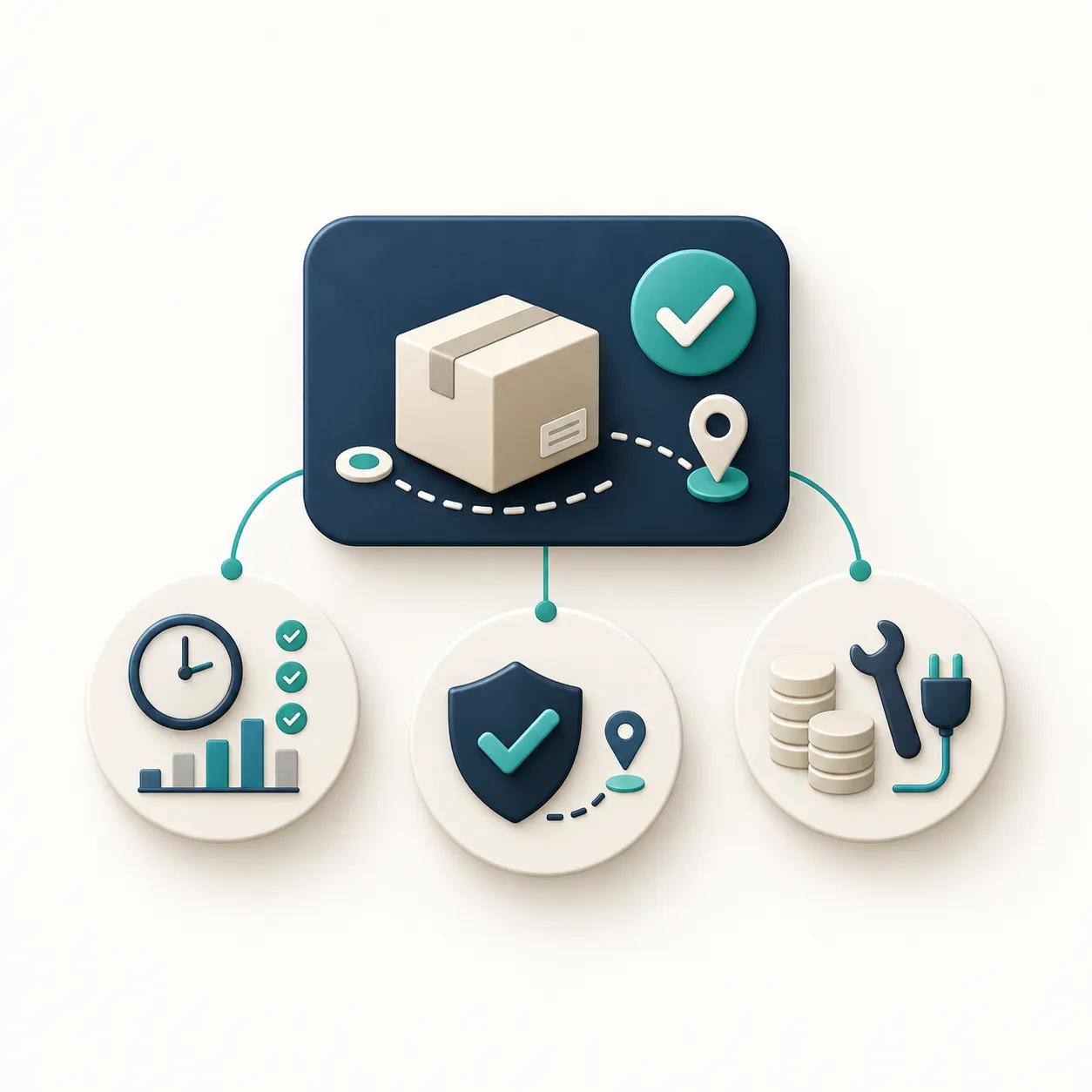 A checked parcel connects to a clock and bar chart, a shield with a tick, and coins beside maintenance and charging icons, in navy, teal and ivory.