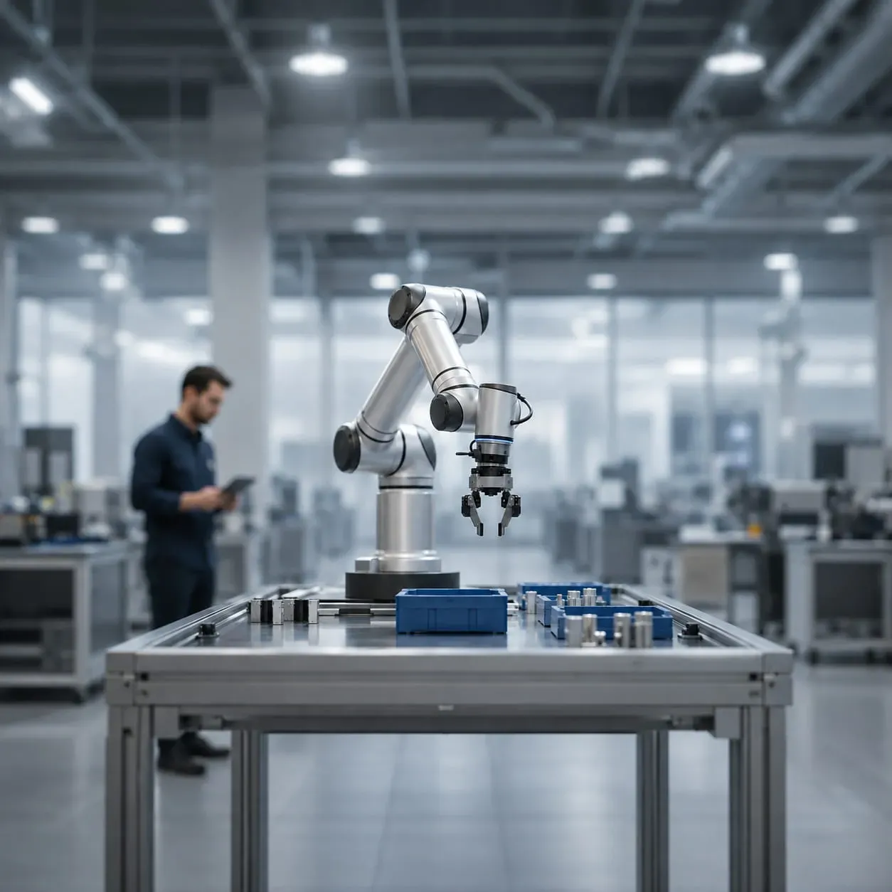 Collaborative robotic arm operating in a modern automated workspace, with a worker monitoring the system in the background.
