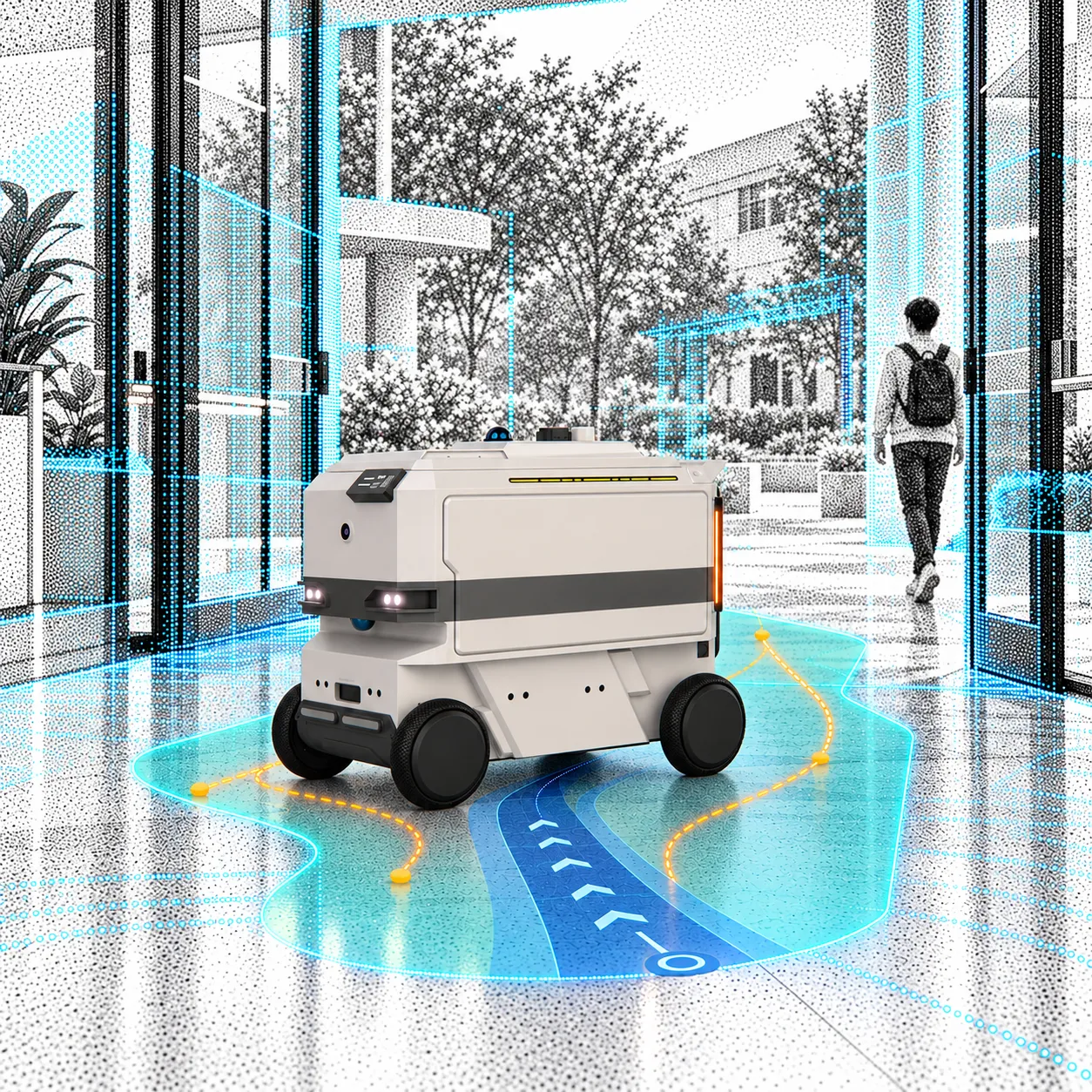 A white, four-wheeled Zeebot delivery robot stands at a glass entrance. Buildings, trees, flooring and a nearby pedestrian appear as black-and-white dots. Aqua sensing points map the surroundings, while amber route options, a teal safety boundary and a navy motion path illustrate layered navigation. An open passage remains beside the robot for pedestrians.