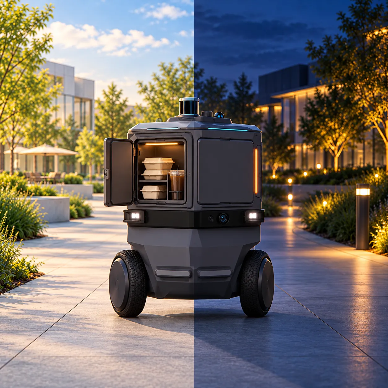 A dark grey robot with two large wheels stands on a campus path in a scene split between day and night. On the daylight side, an open compartment holds takeaway meals and a drink. On the nighttime side, closed panels and cameras illustrate its second role as a patrol robot.